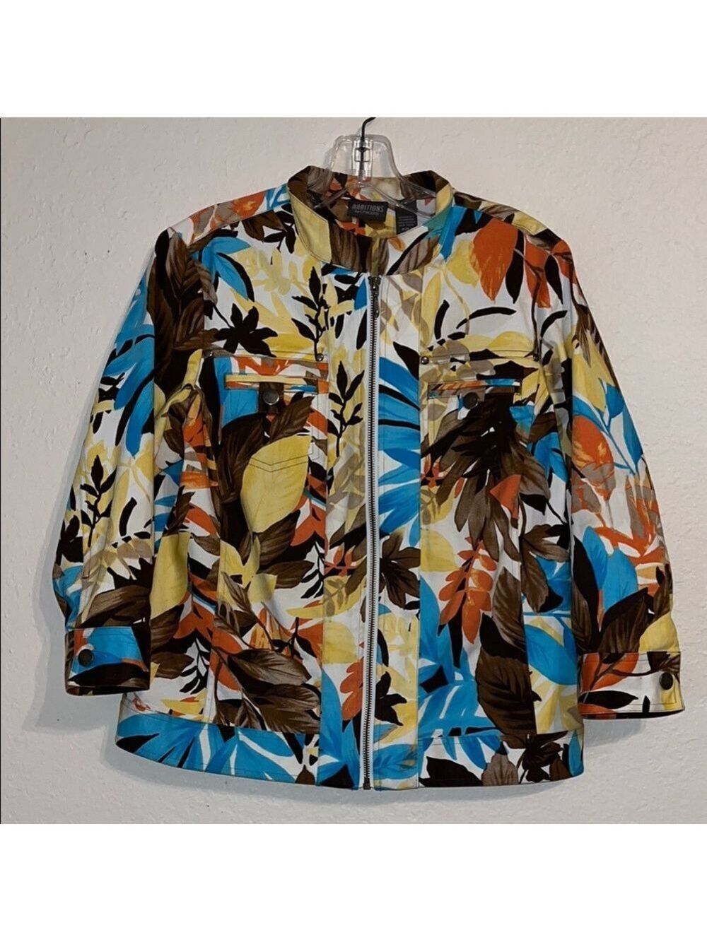 Vintage Jean Jacket Chico’s Colorful Hawaii Floral Yellow Nature boho
